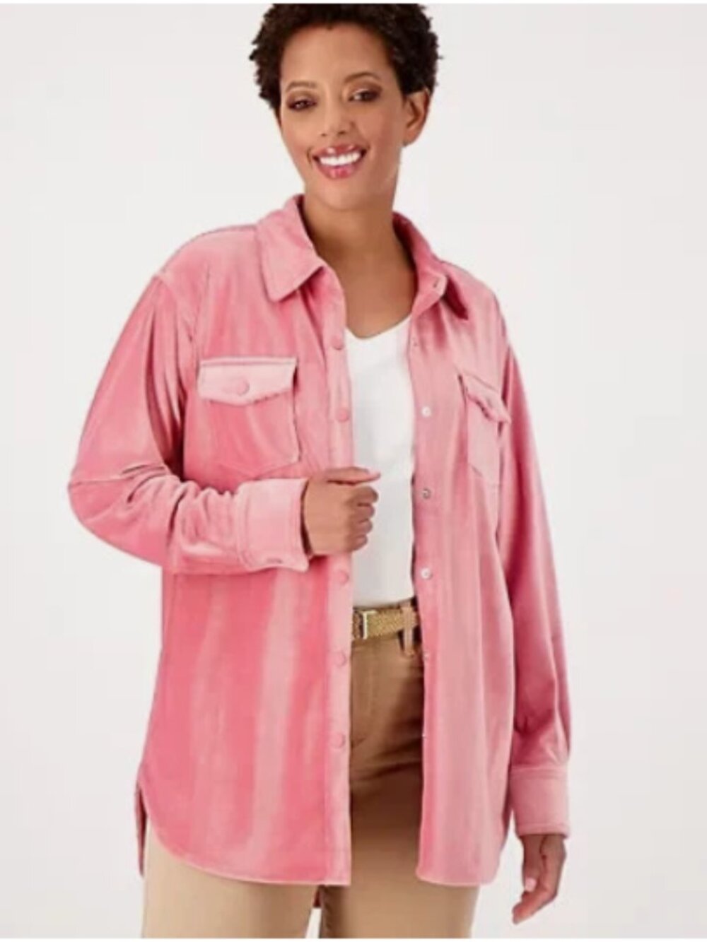 Isaac Mizrahi Live! Soho Ribbed Velour Shirt Jacket-Desert Rose A519187 NEW